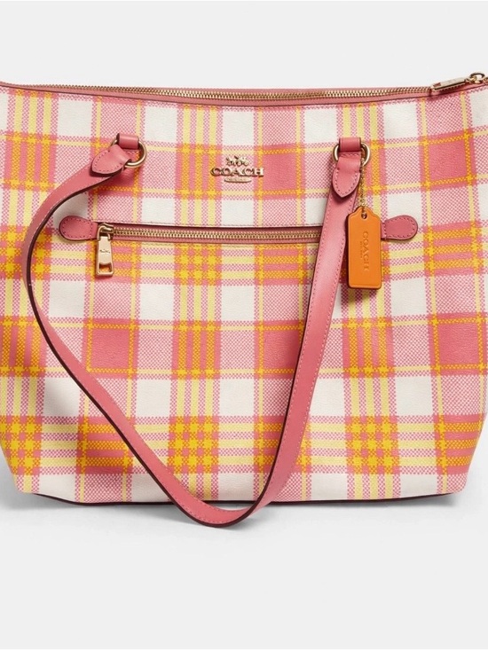 Coach Handbags - Coach Pink and Yellow Plaid Leather-Trim Tote